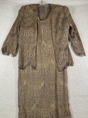 Damianou Metallic Gold Lace Crochet Fringed Tassel Maxi Dress Set Small